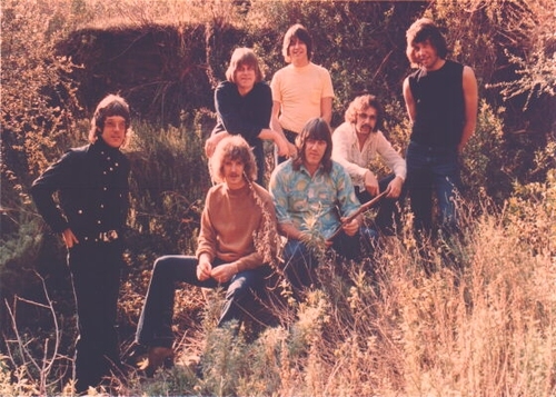 The music group "Chicago" posing in a field.